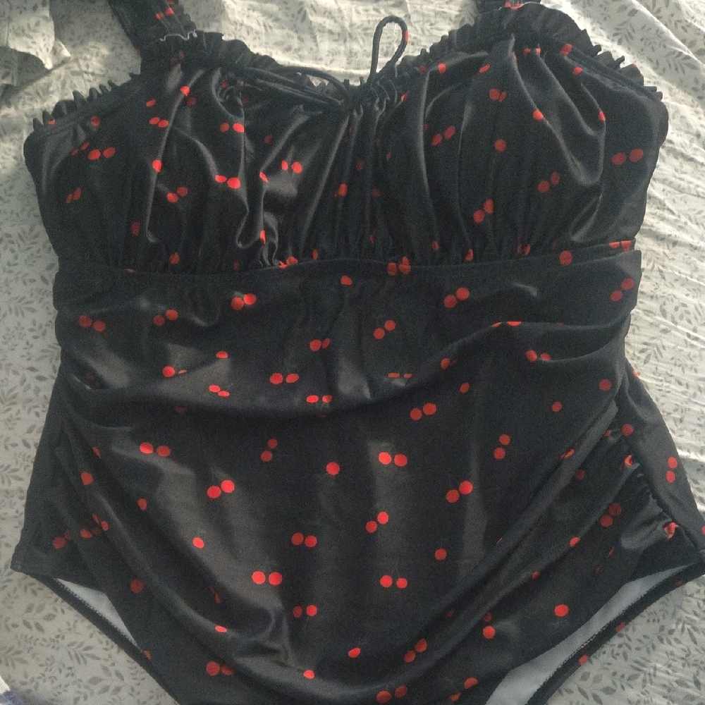 Black & Red Cherry Print Tankini Swim Top - Women